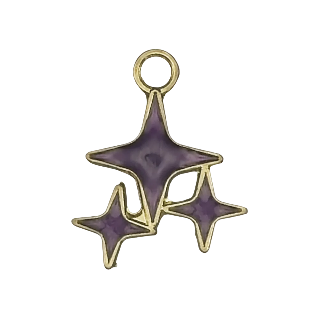 close-up of purple triple star charm with gold outline on black background