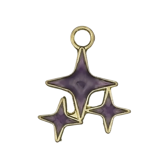 close-up of purple triple star charm with gold outline on black background