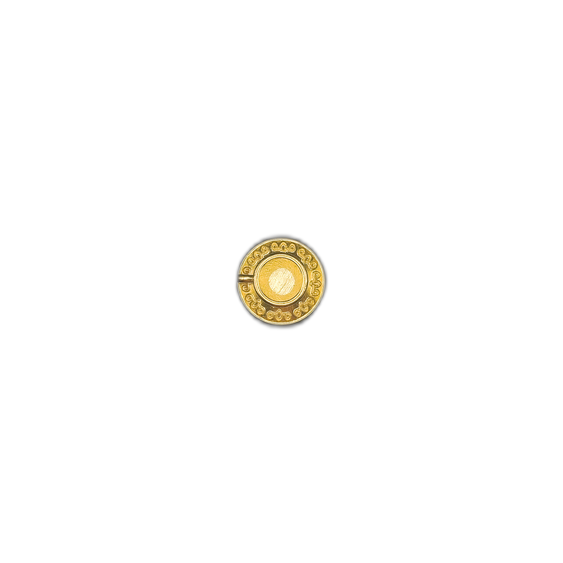 small round gold-tone engraved coin charm centered on black background