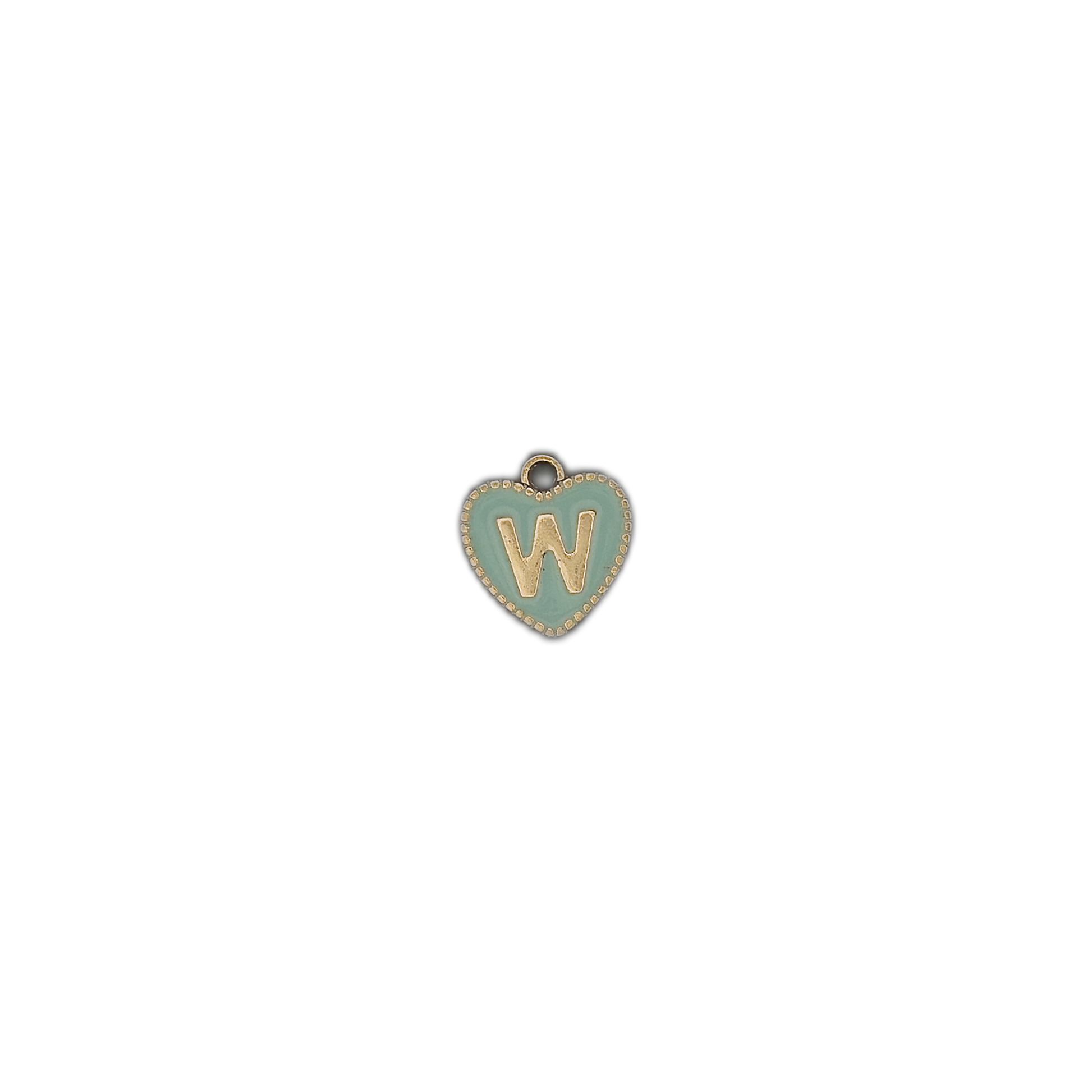 small heart-shaped W initial charm on black background