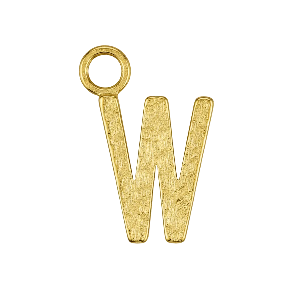 close-up of small gold letter W charm on black background