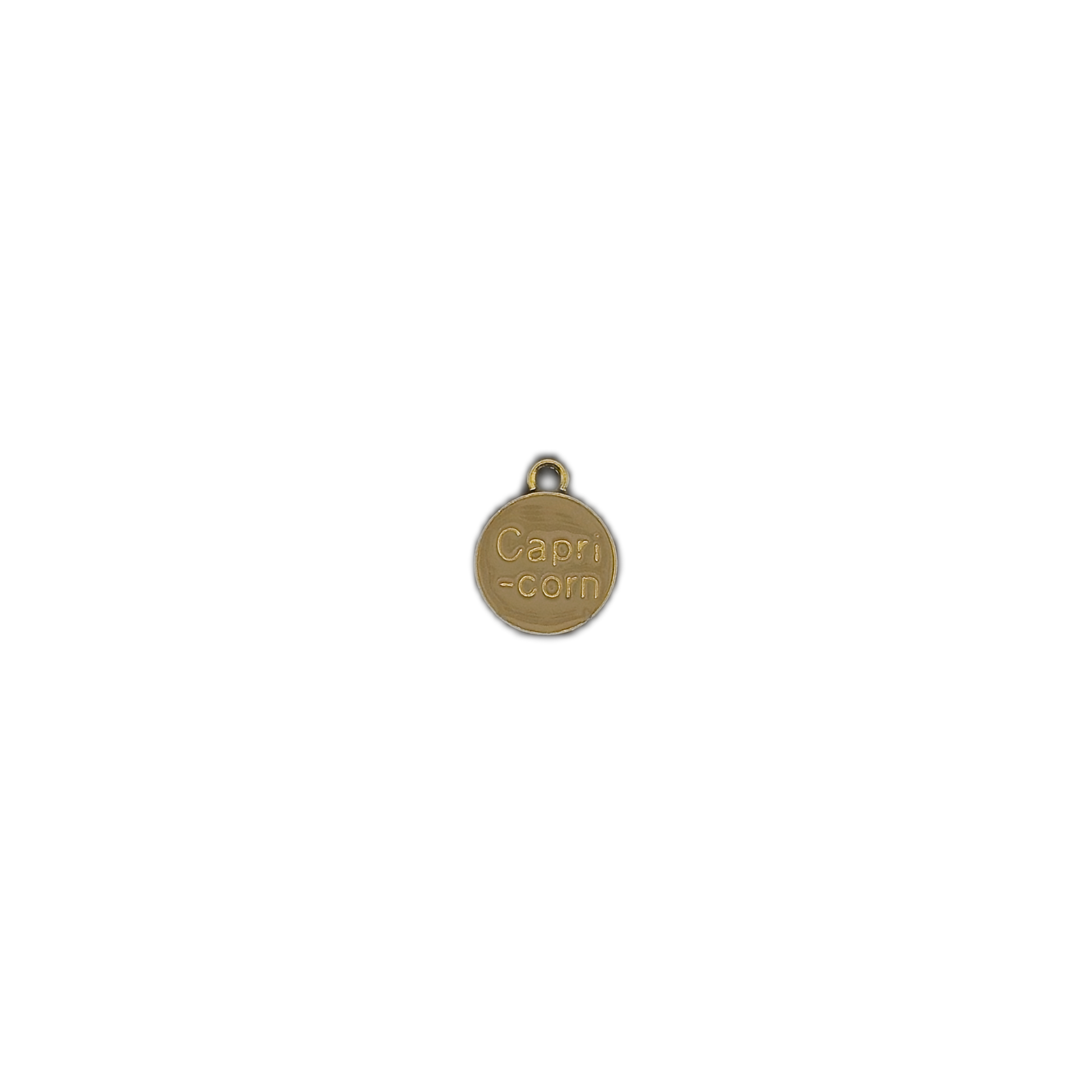 small gold round charm with 'Capri-corn' text on black background