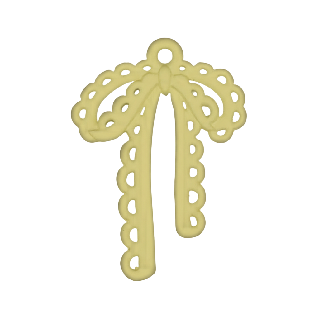 close-up of yellow scalloped bow charm