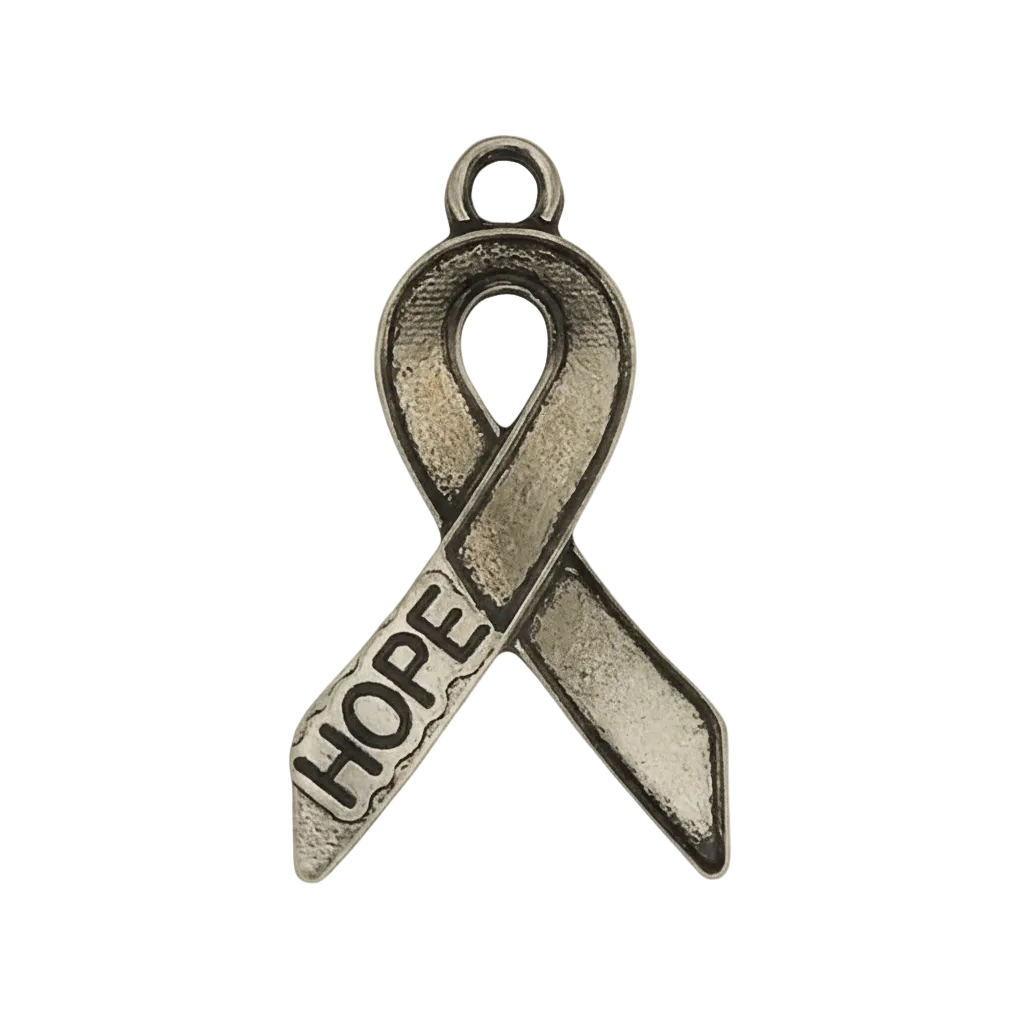 close-up of antique silver awareness ribbon charm with the word HOPE on a black background