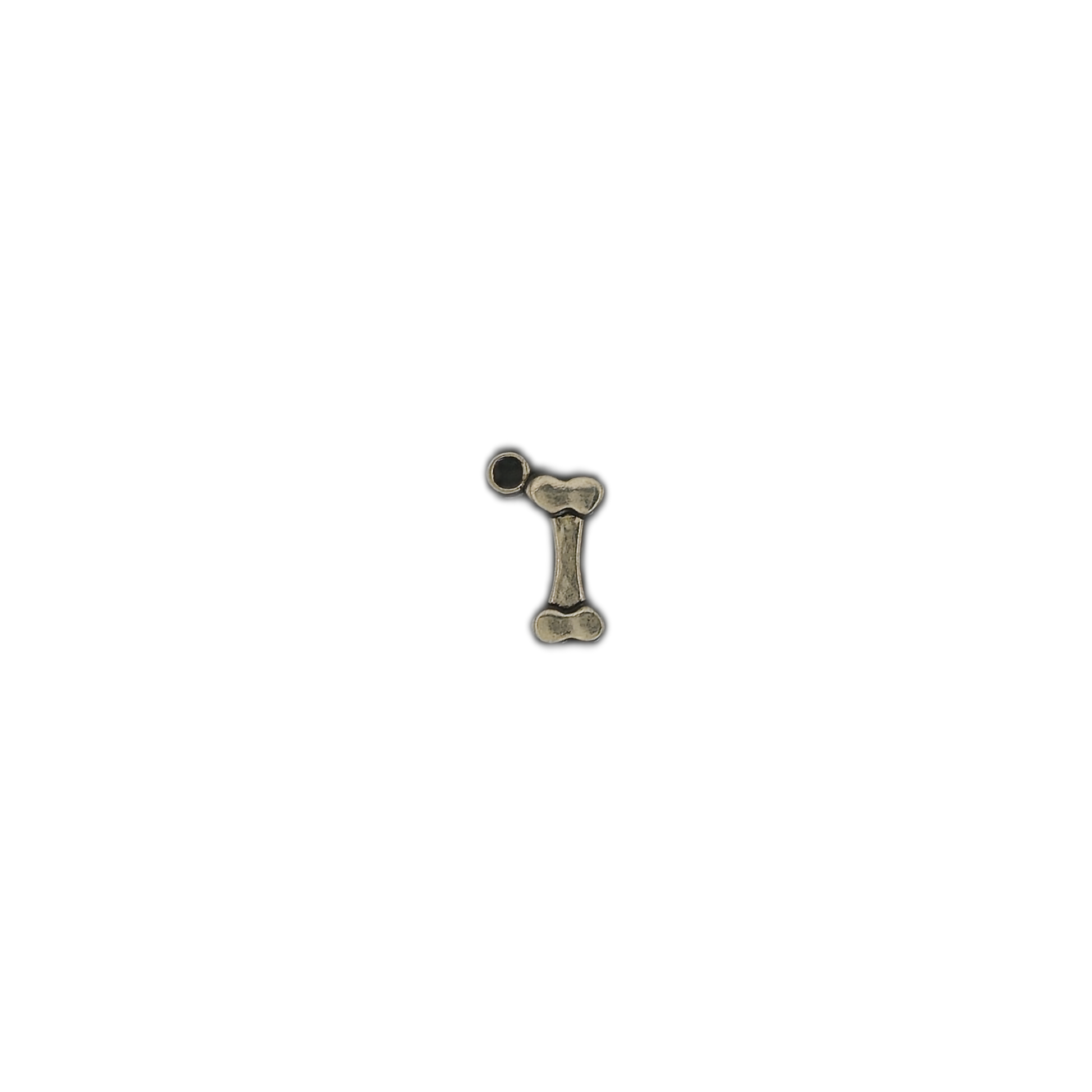 small antique silver bone charm centered on black background