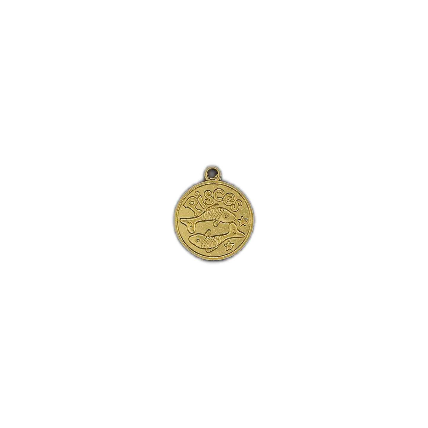 Small gold Pisces zodiac charm centered on a black background.