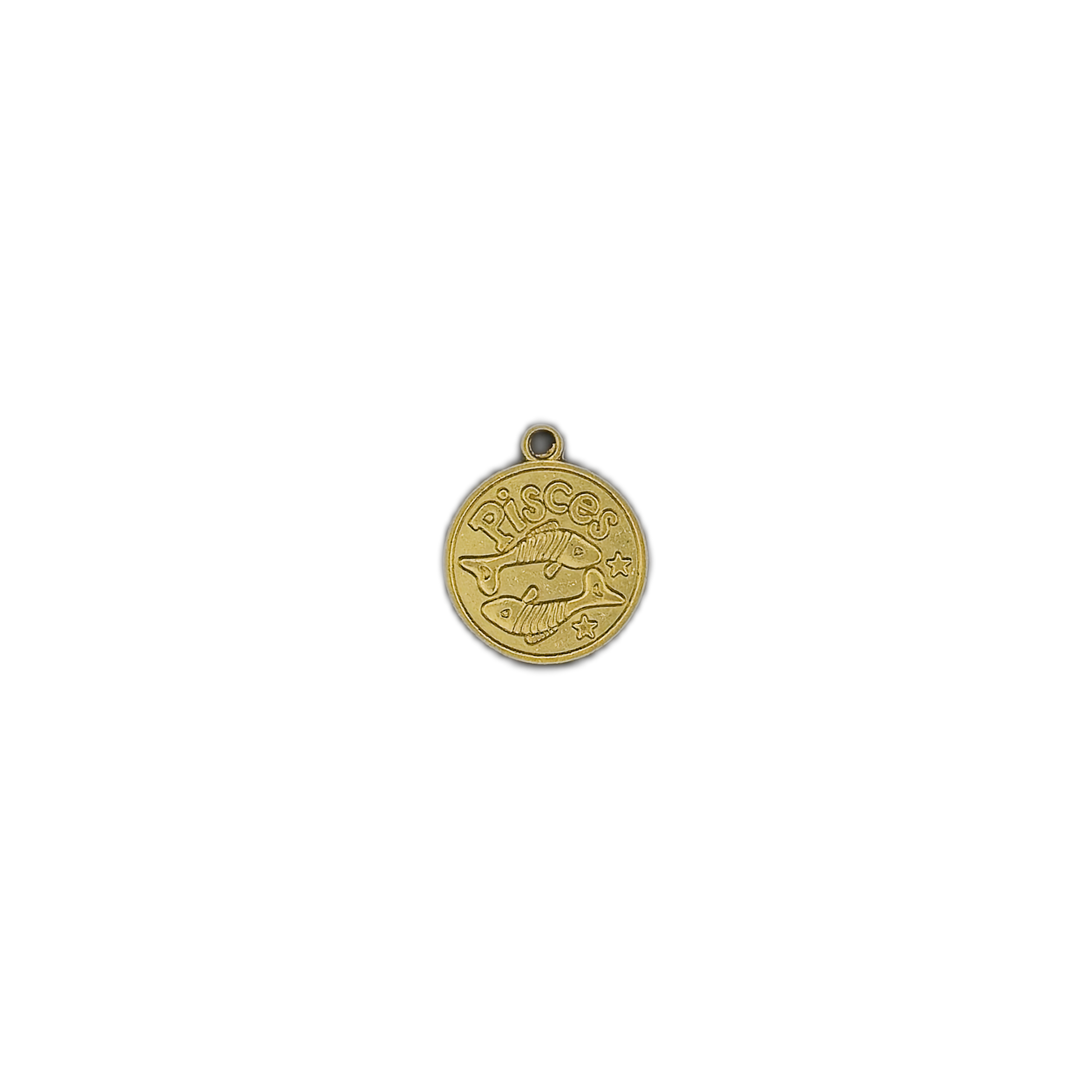 Small gold Pisces zodiac charm centered on a black background.