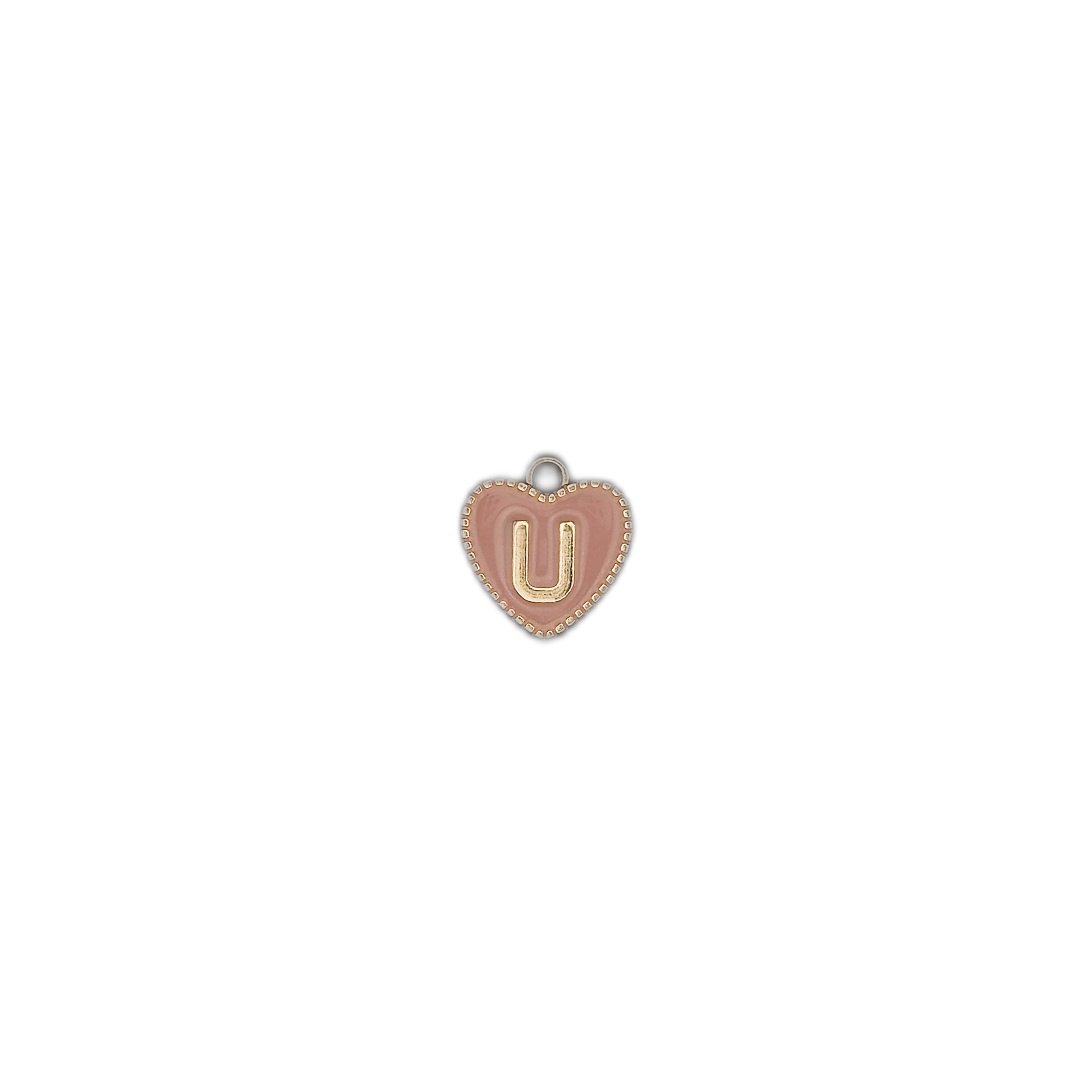 small pink heart-shaped charm with gold letter U on a black background