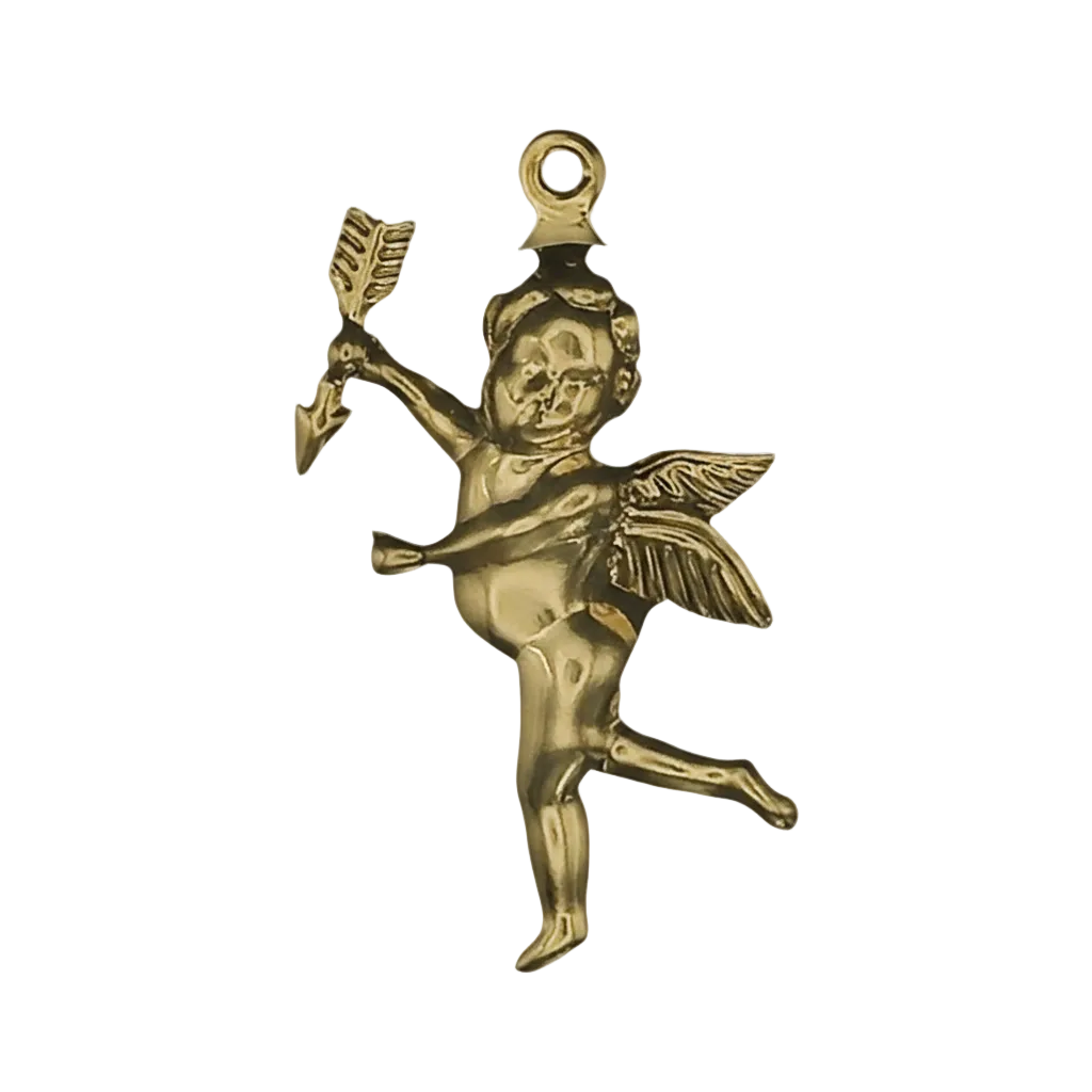 close-up of gold-tone cupid charm with wings and arrow on black background
