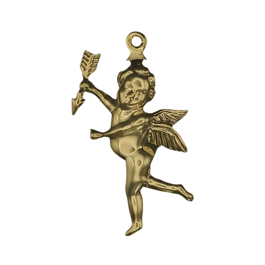 close-up of gold-tone cupid charm with wings and arrow on black background