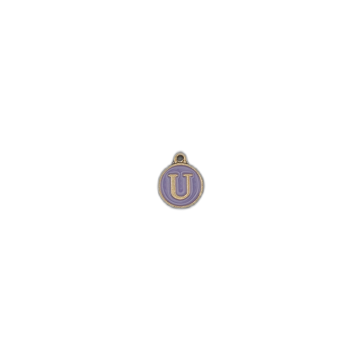 Small round purple U letter charm centered on a black background.