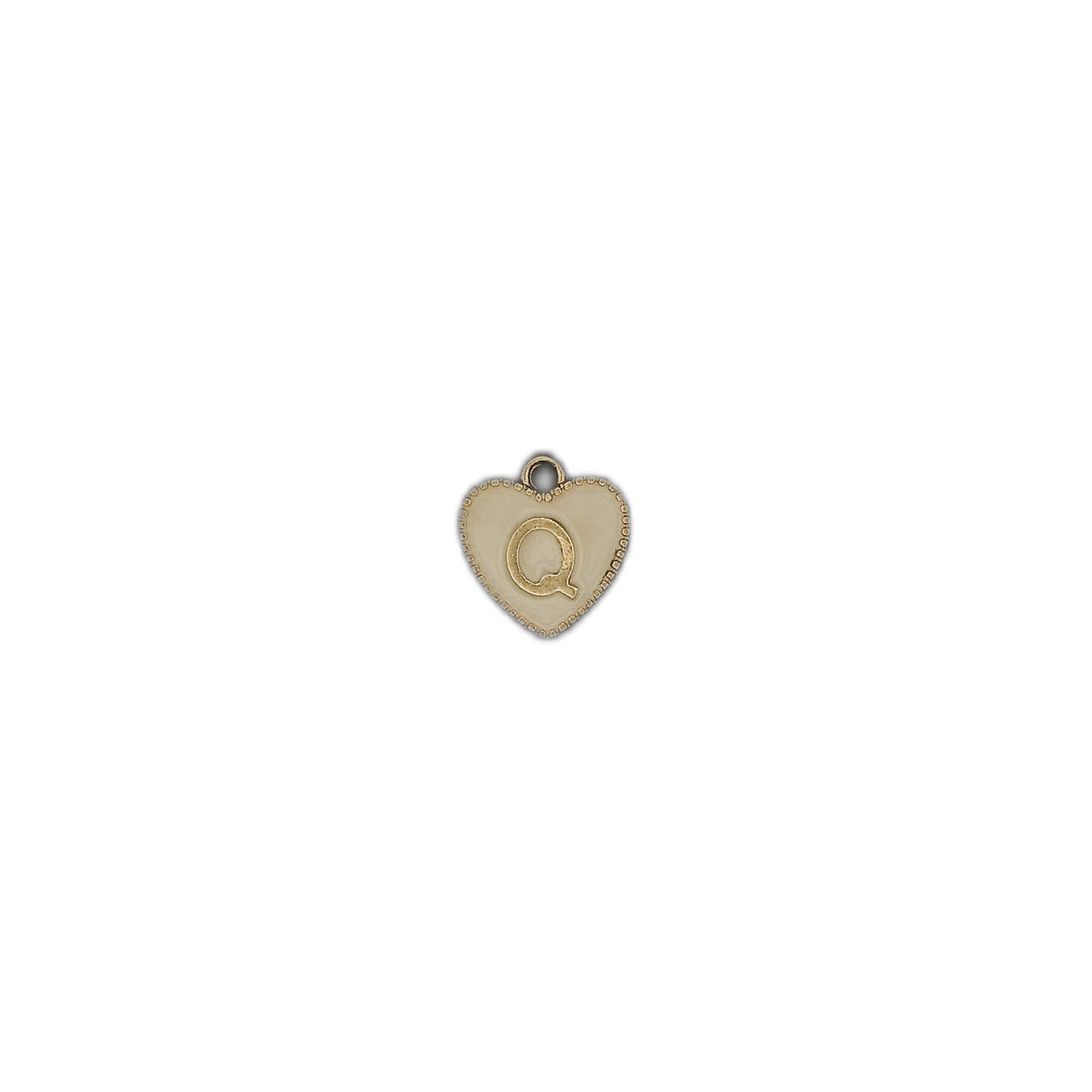 small gold and cream heart letter Q charm on black background