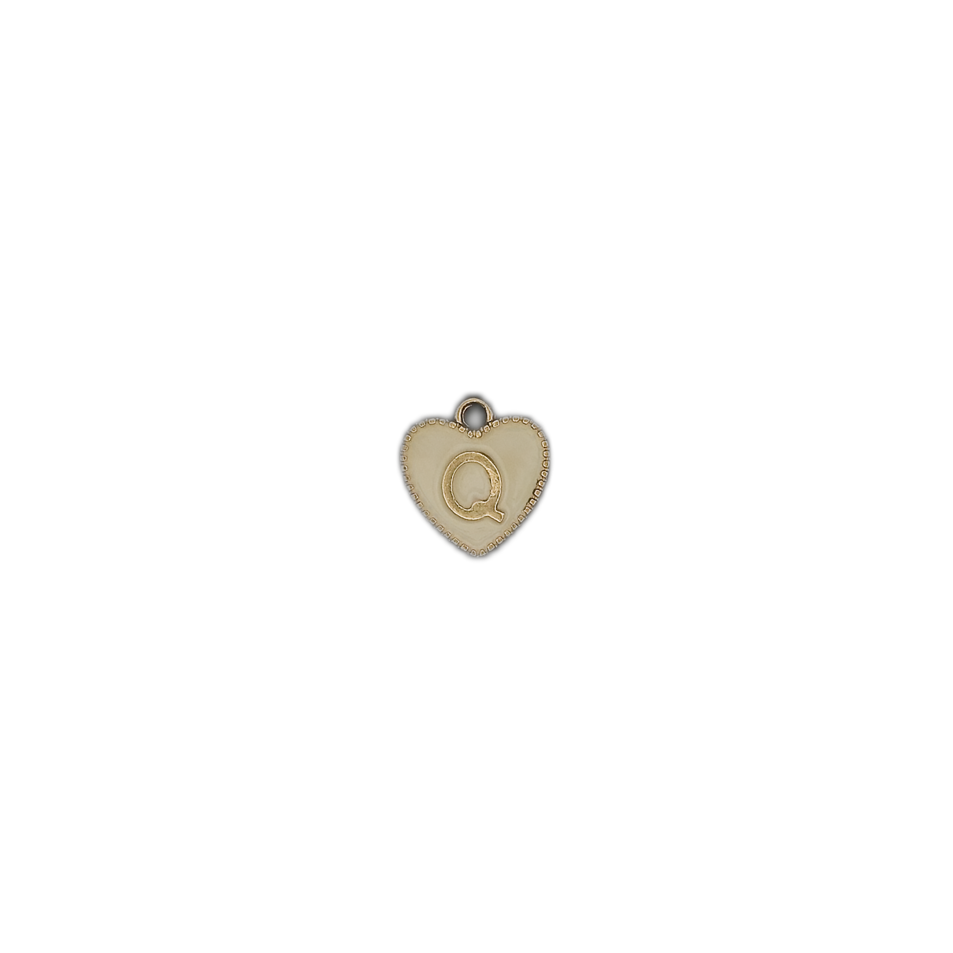 small gold and cream heart letter Q charm on black background