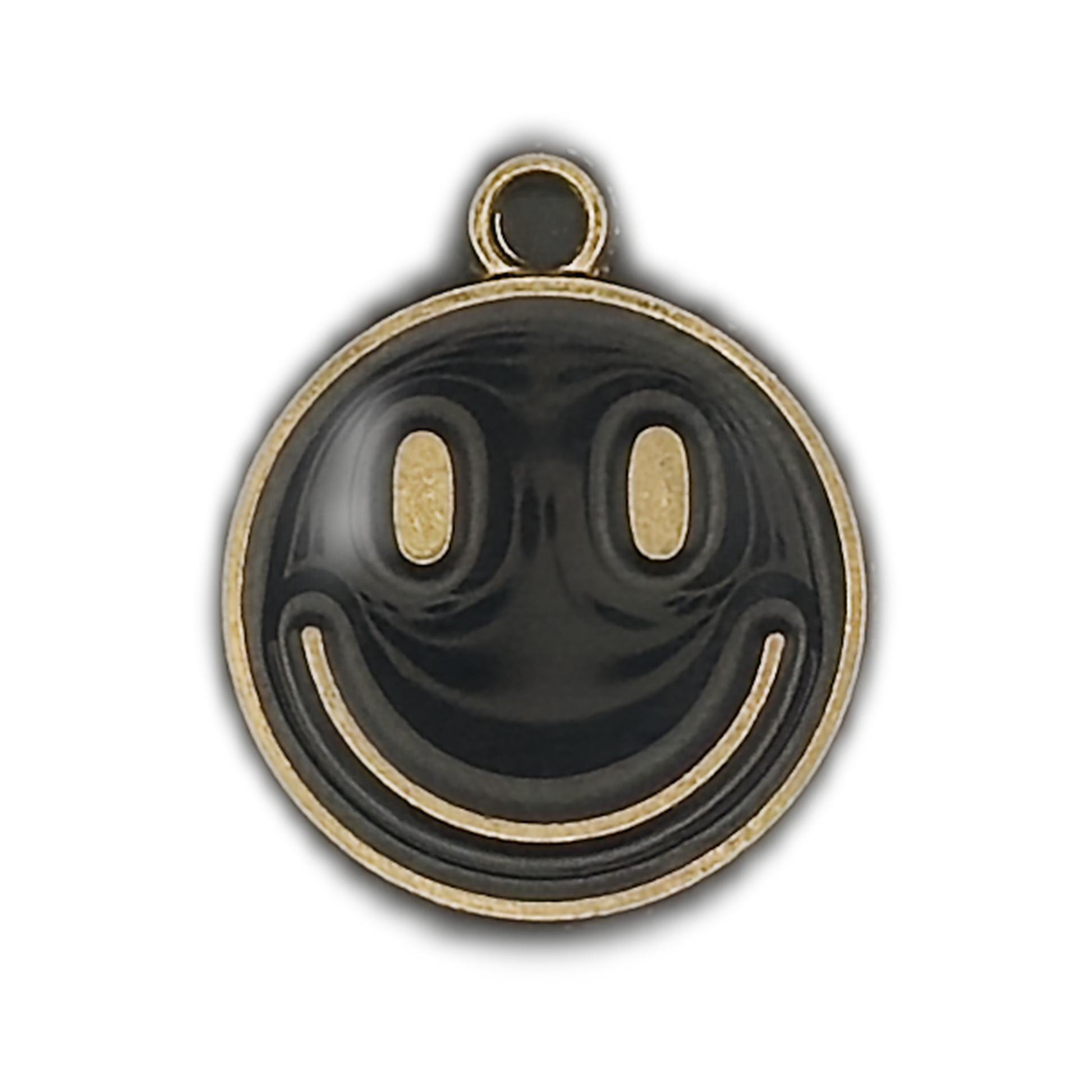 close-up of round black and gold smiley face charm