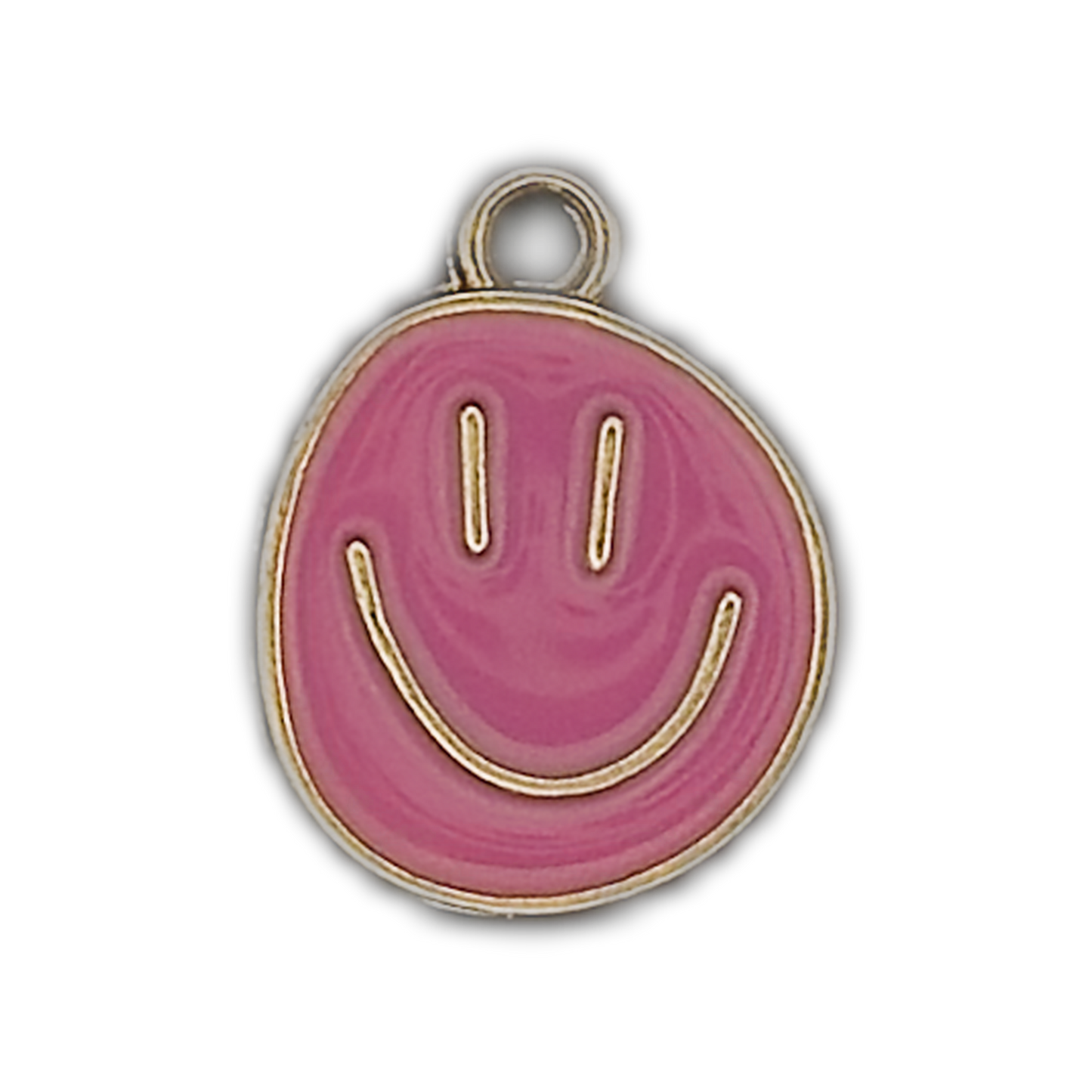 Close-up of a pink smiley face charm with a gold-tone outline on a black background.
