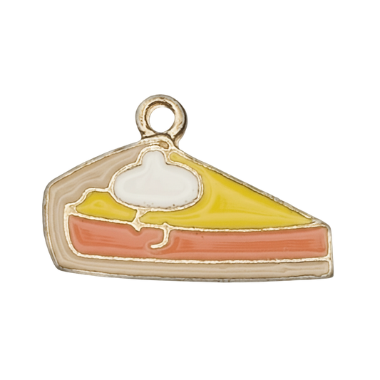 close-up of enamel pie slice charm with yellow and orange sections and a white dollop, gold-tone edge