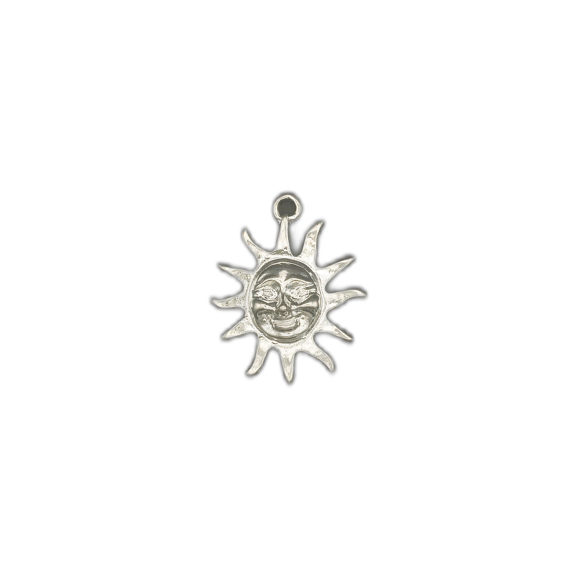 silver sun face charm centered on black background