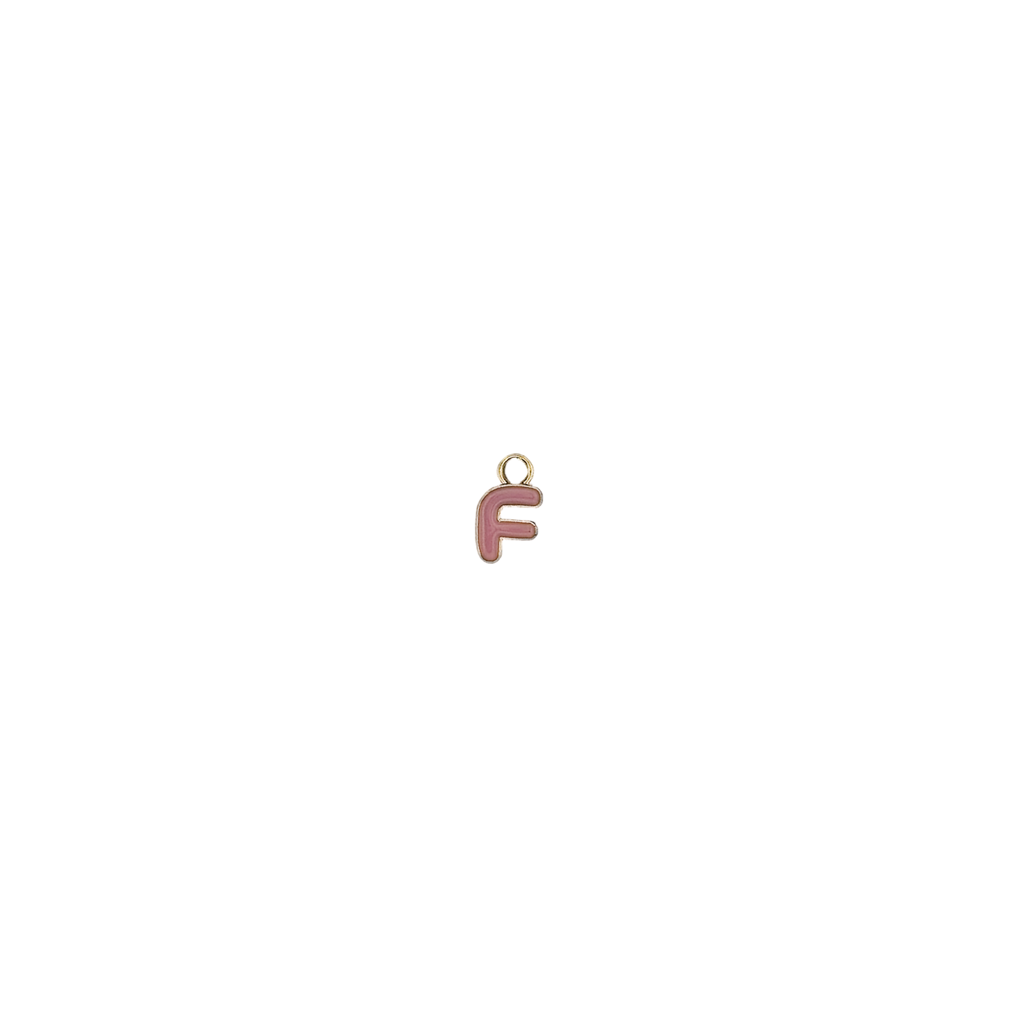 small pink lowercase letter f charm with gold outline