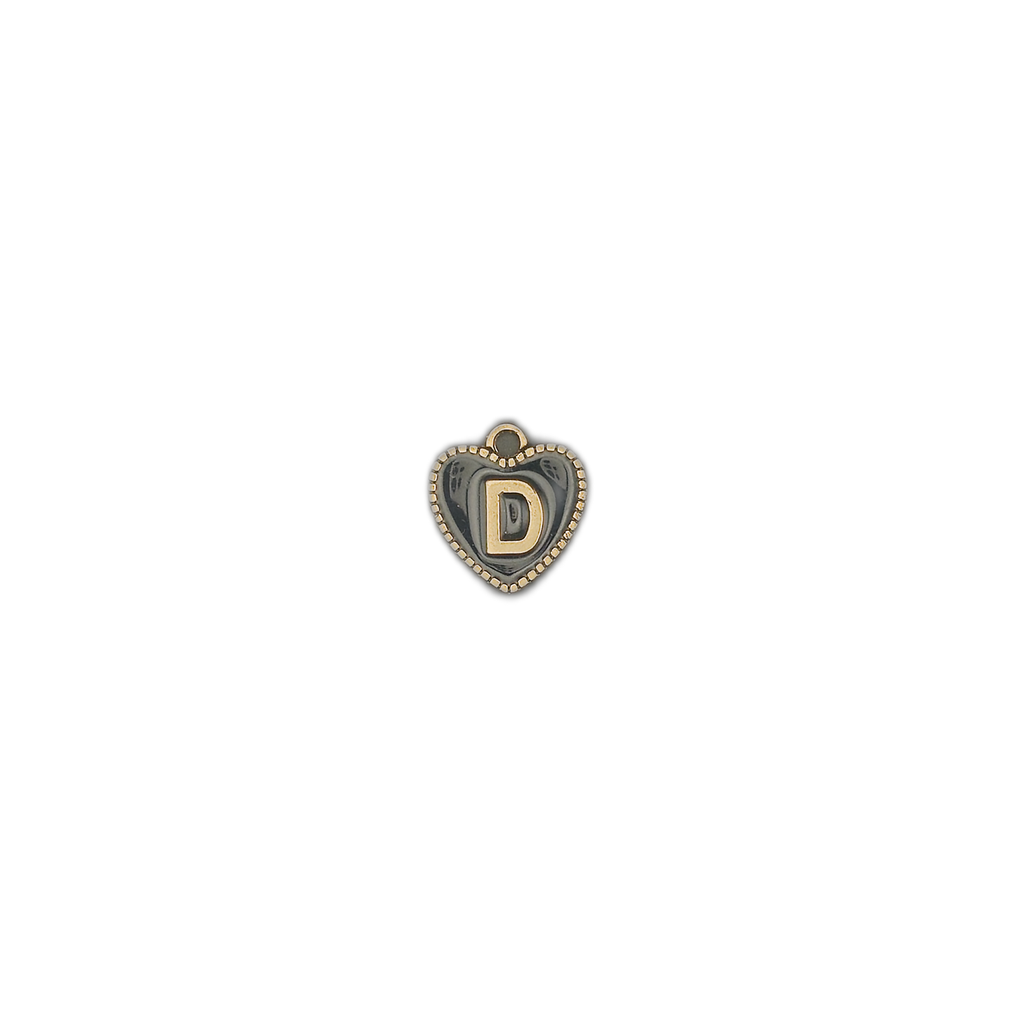 small heart-shaped letter D charm centered on black background