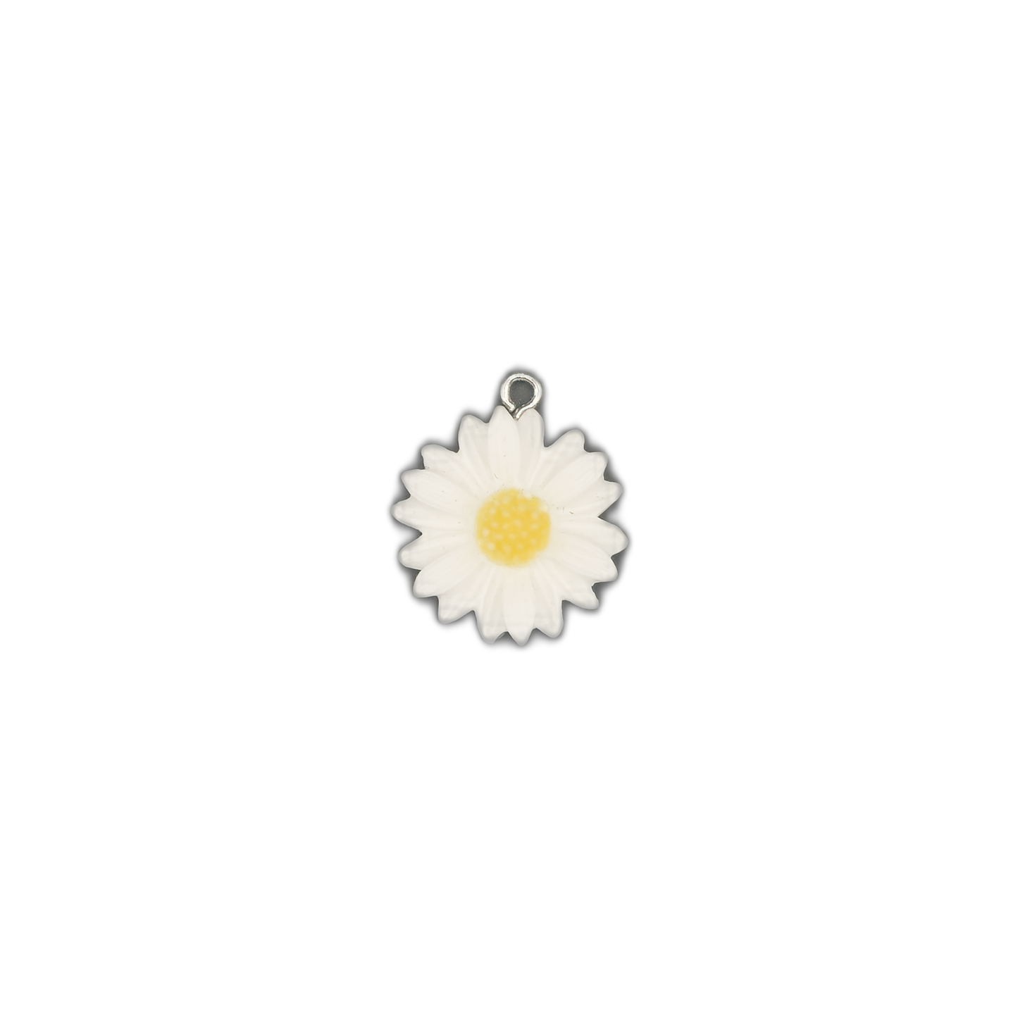 small white daisy flower charm with a yellow center on a black background