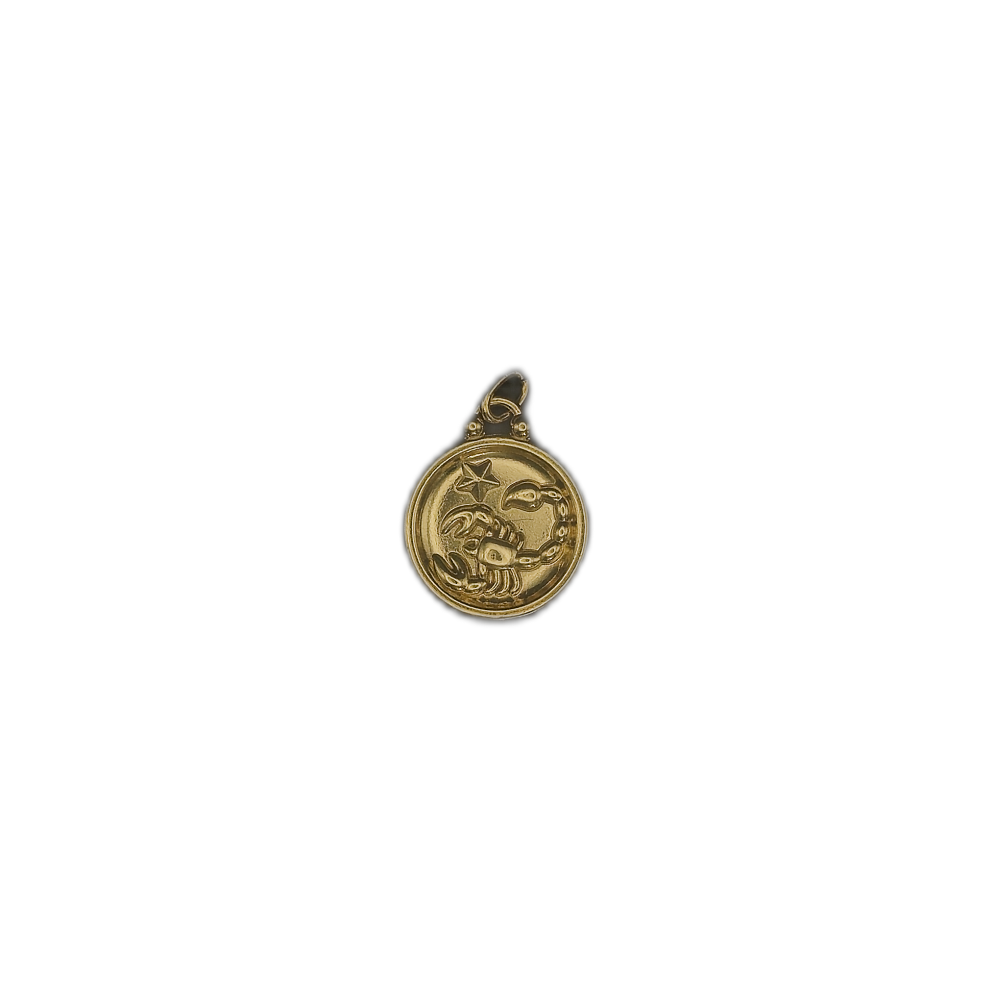 gold round scorpio zodiac charm centered on black background