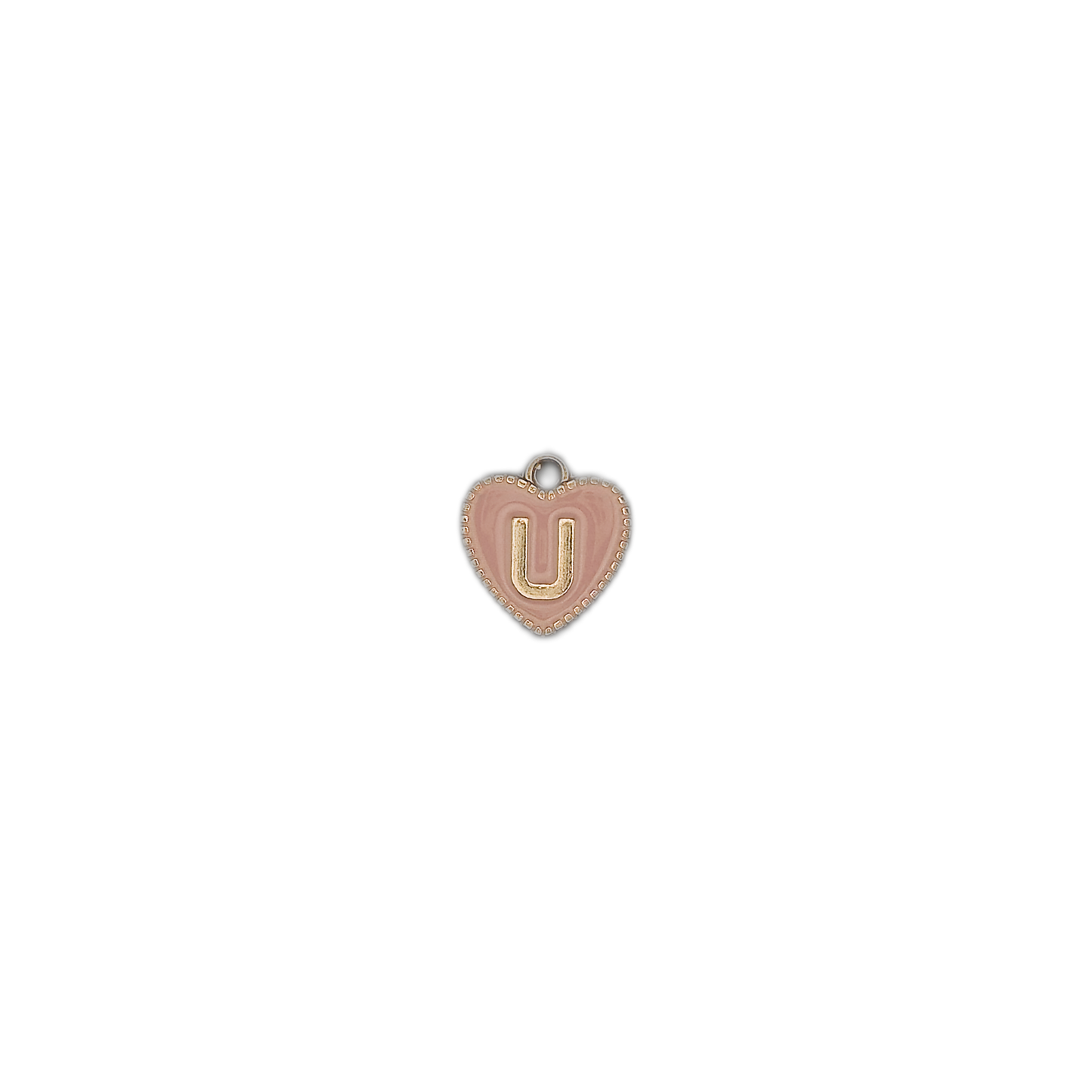 small pink heart charm with gold letter U centered on a black background