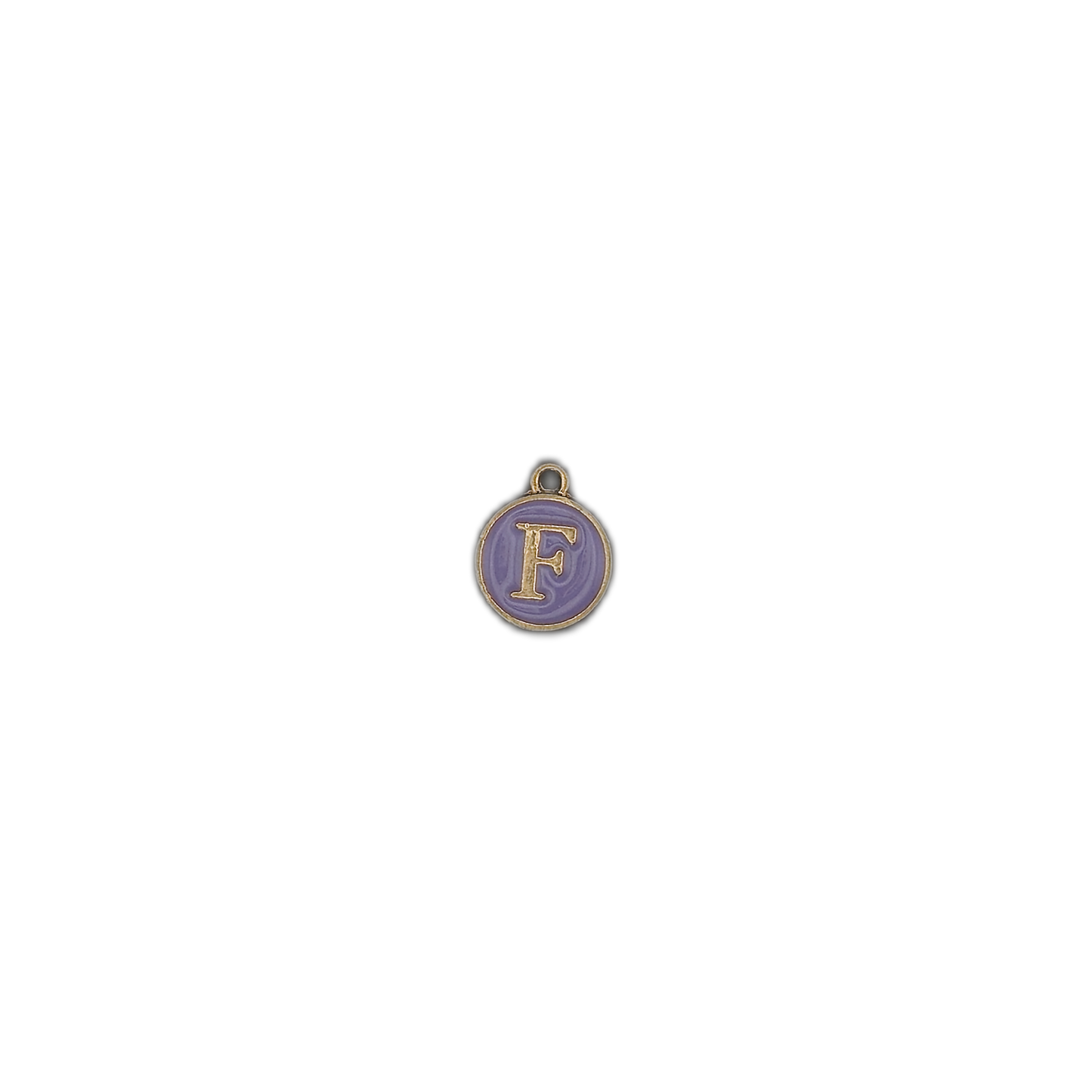 small round purple enamel charm with gold letter F on black background