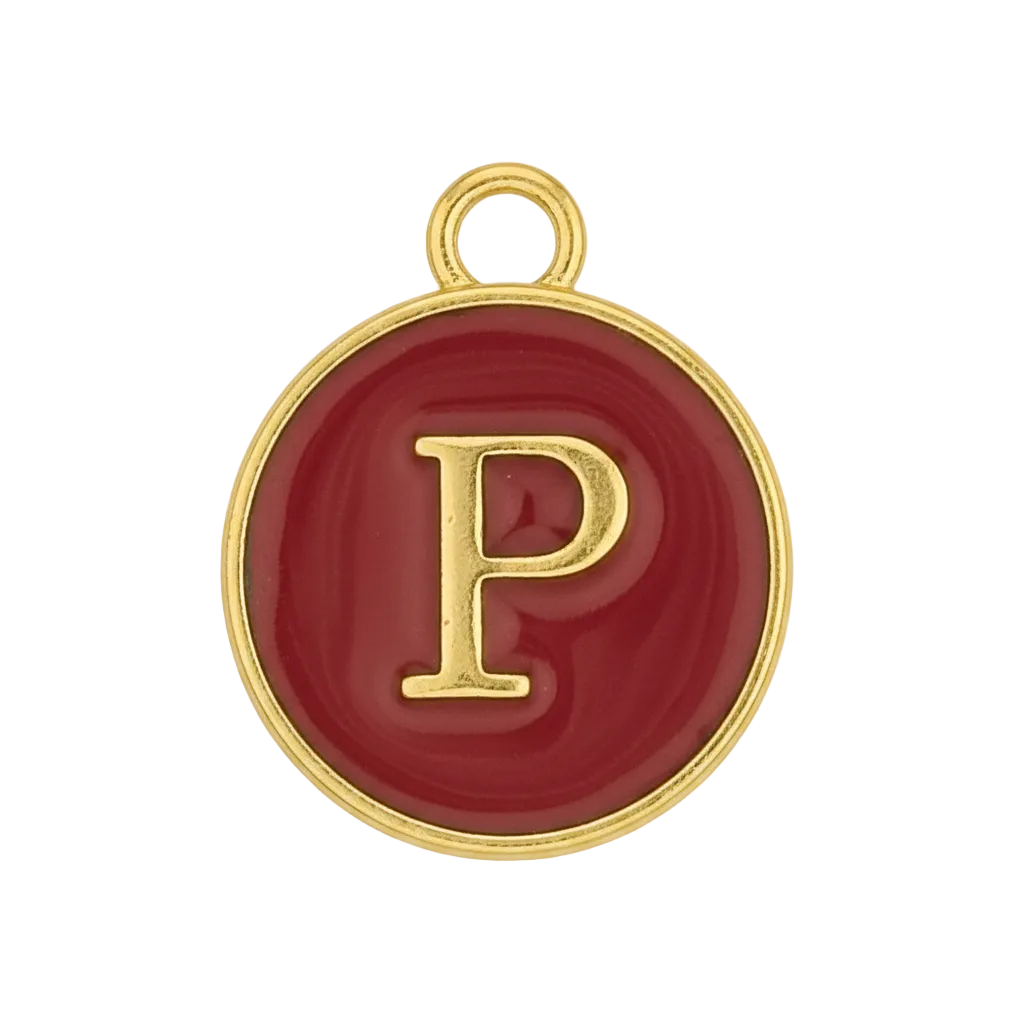 Close-up of round red enamel charm with gold letter P