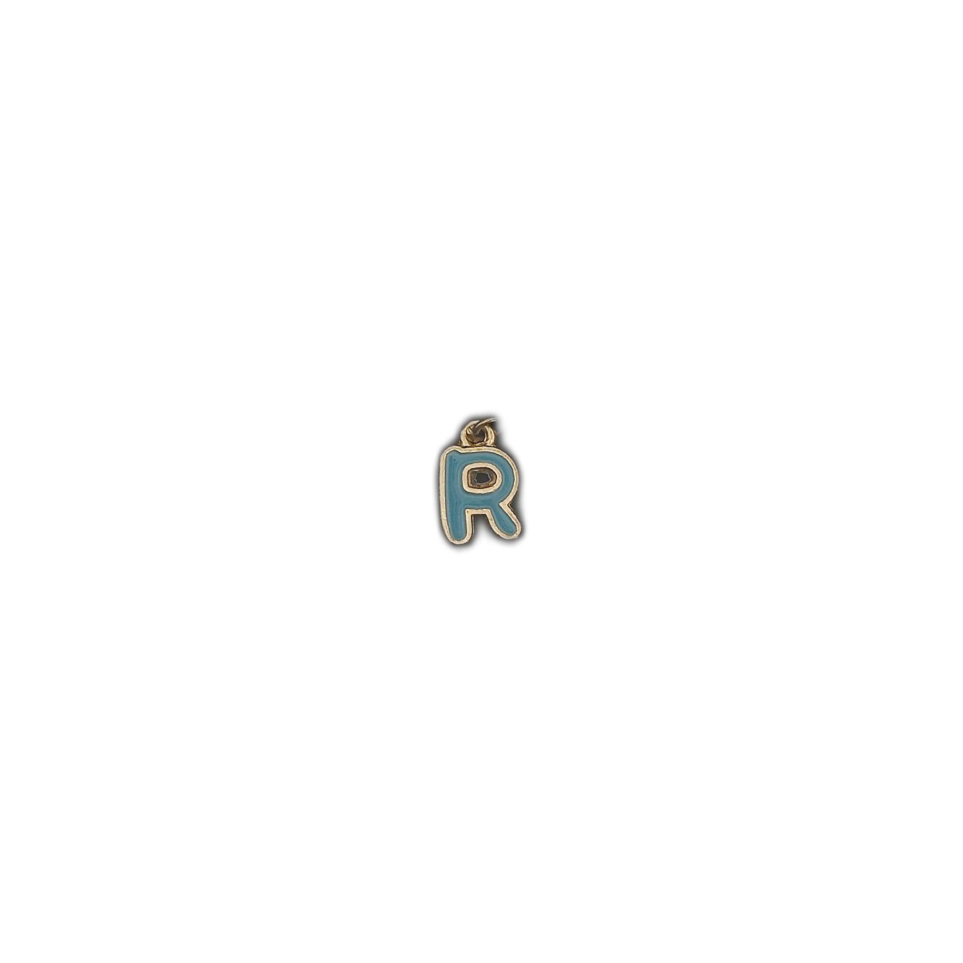 Small blue letter R charm with a gold outline on a black background.