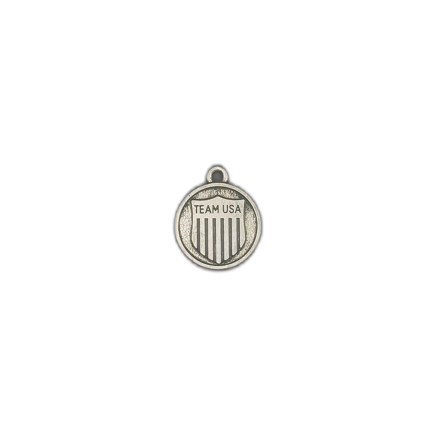 small round silver 'TEAM USA' shield charm on black background