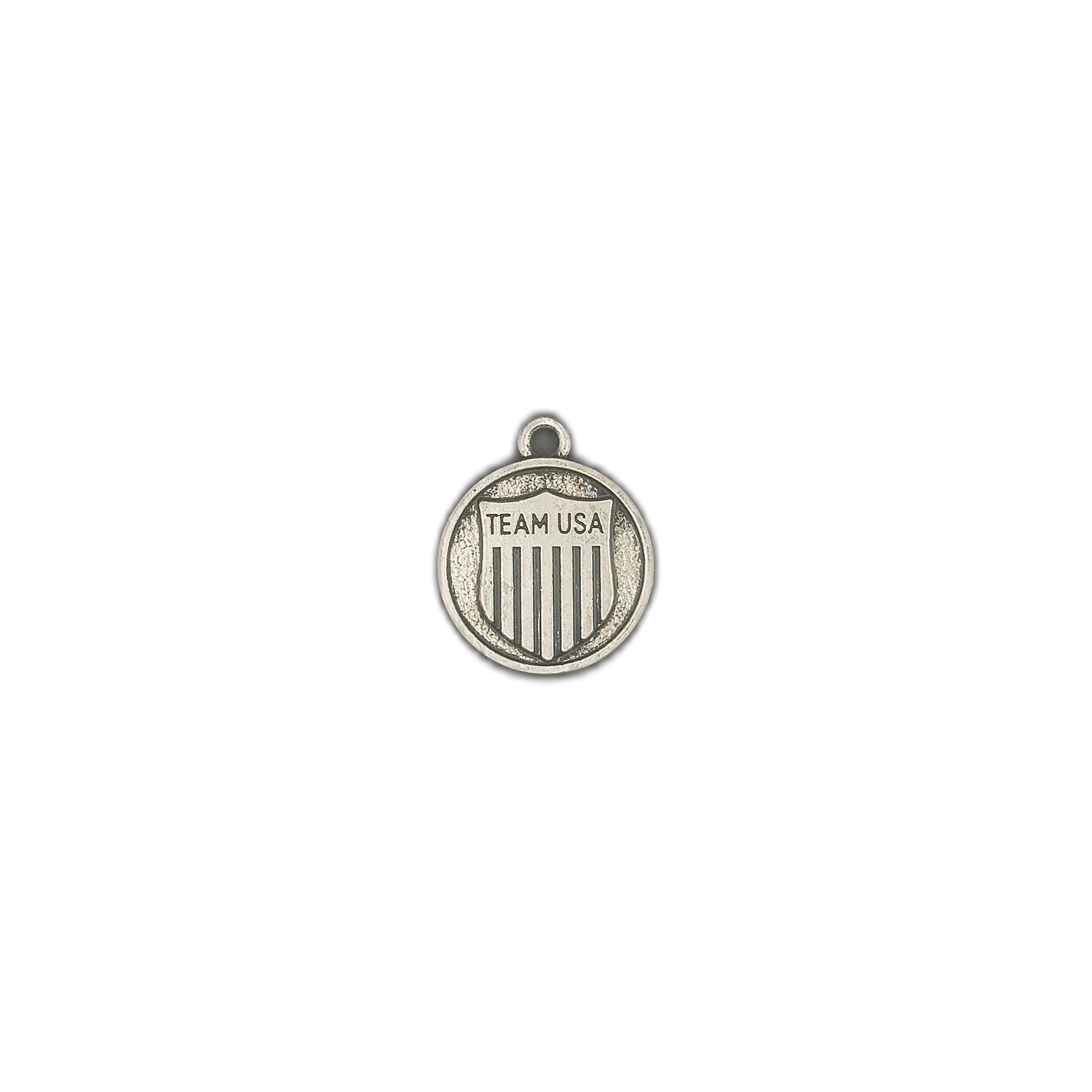 small round silver 'TEAM USA' shield charm on black background