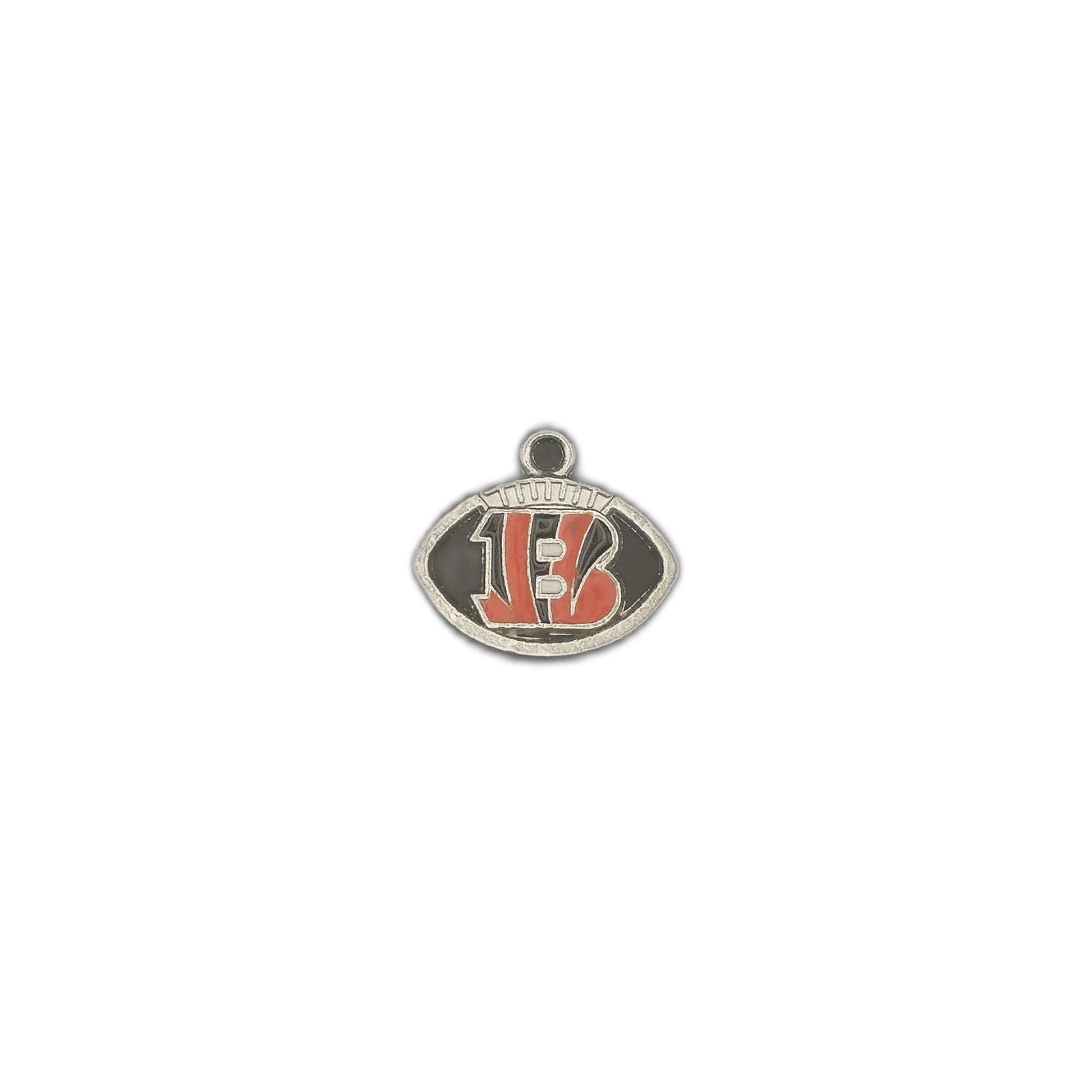 small football-shaped charm with orange 'B' and black enamel on a silver-tone frame