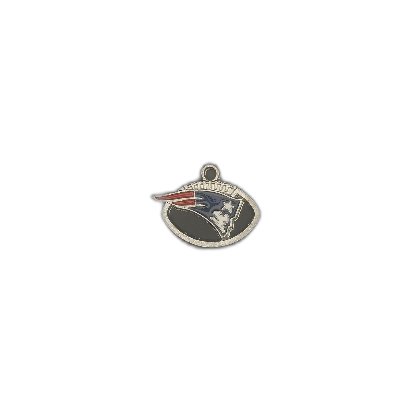 Small football-shaped charm with red, white, and blue stylized profile centered on a black background.