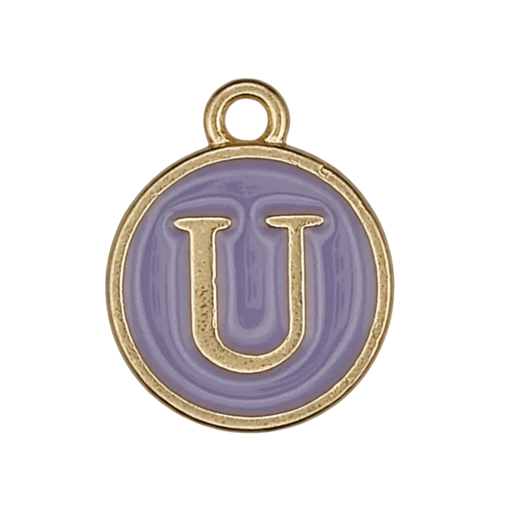 Round purple enamel charm with gold letter U.