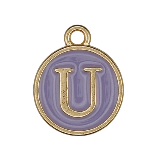 Round purple enamel charm with gold letter U.