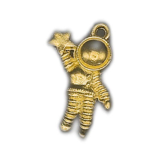 close-up of gold astronaut holding a star charm on black background