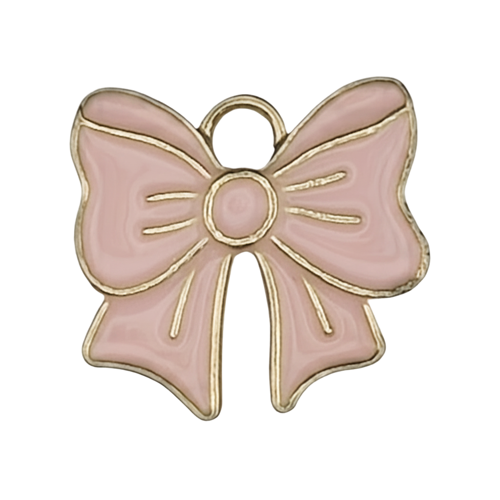 close-up of pink enamel bow charm with gold outline