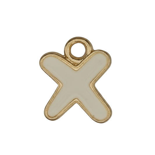 close-up of small white enamel letter X charm with gold outline