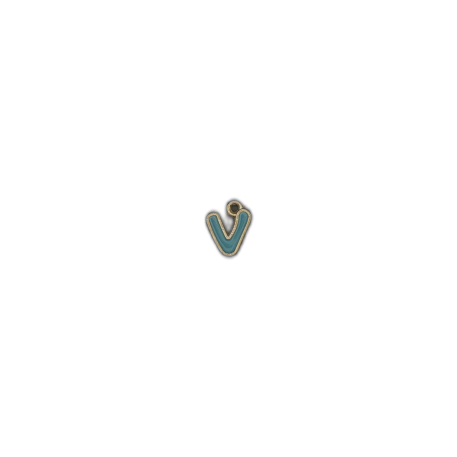 small teal lowercase v letter charm with gold outline centered on black background