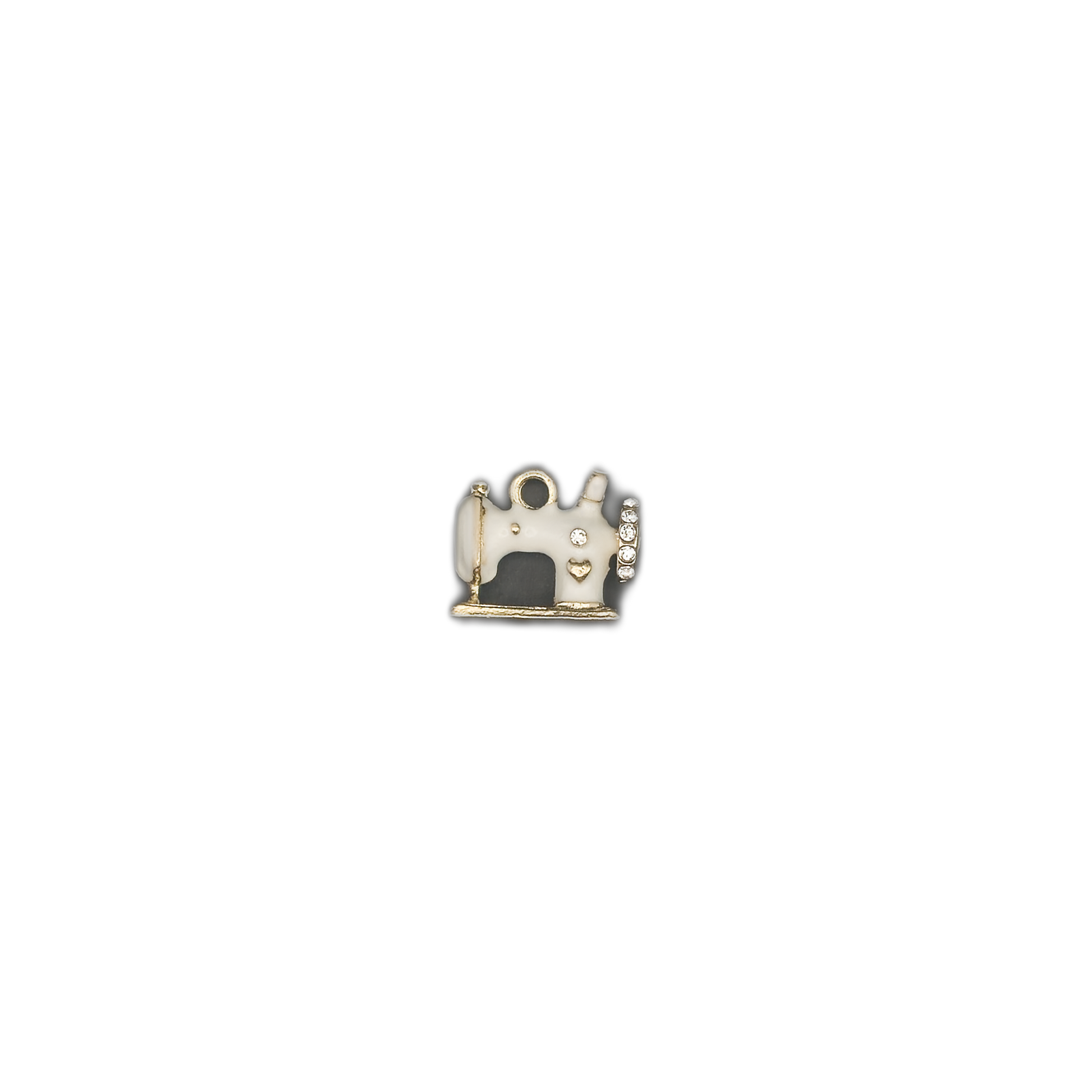 small white enamel sewing machine charm centered on a black background