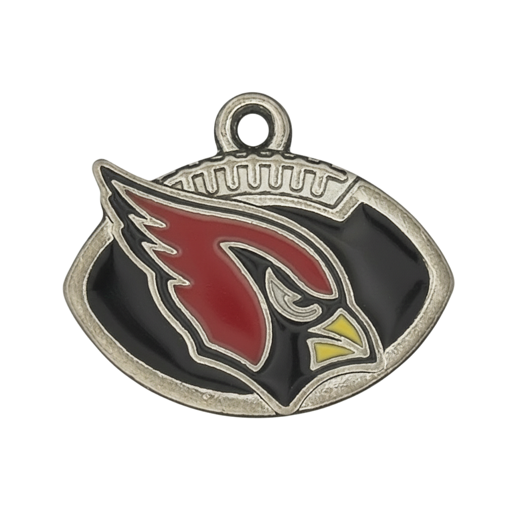 close-up of silver-tone football-shaped charm with red cardinal head