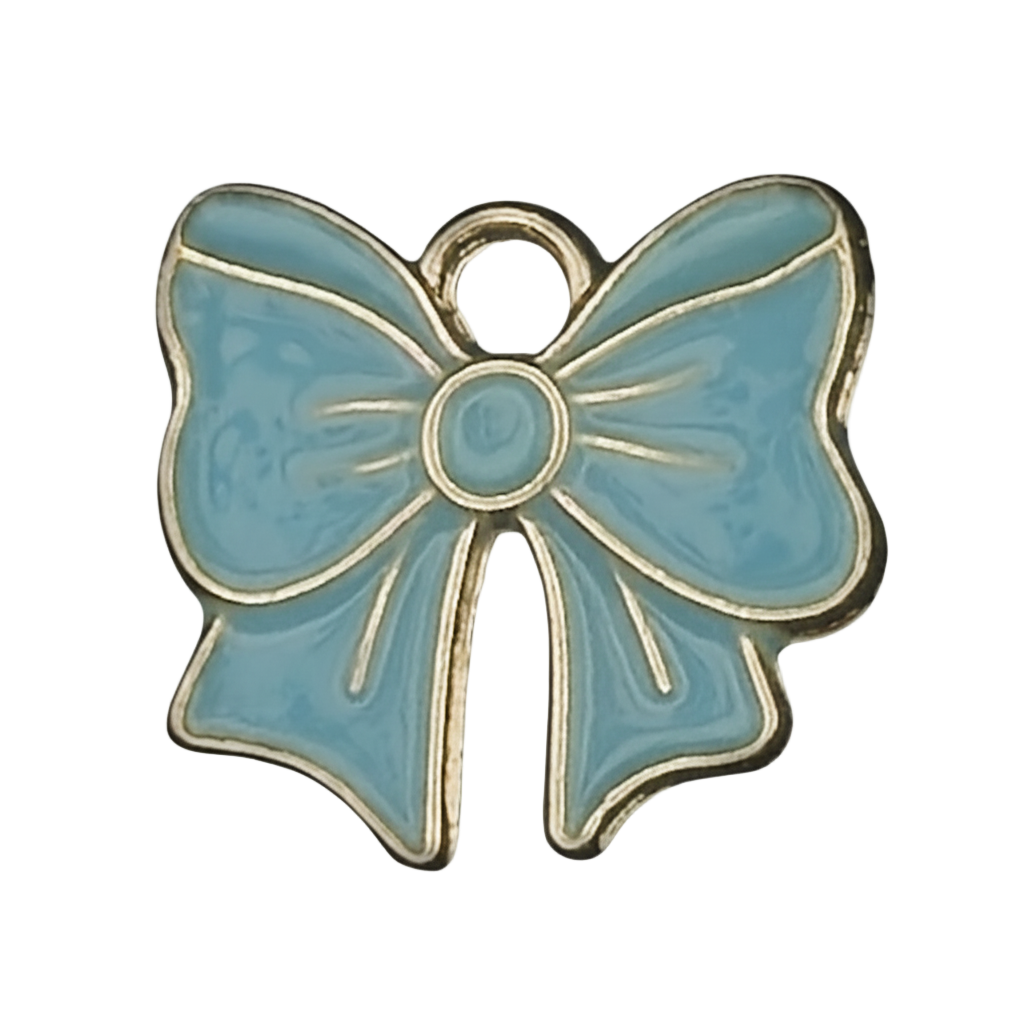 close-up of a blue enamel bow charm with gold-tone outline on a black background
