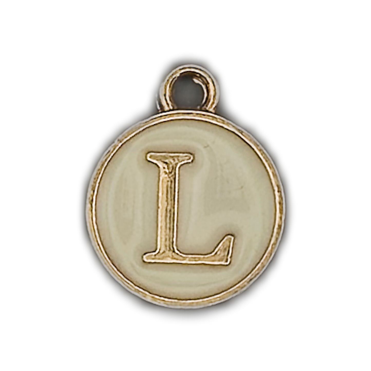close-up of round gold-tone charm with raised letter L on ivory enamel