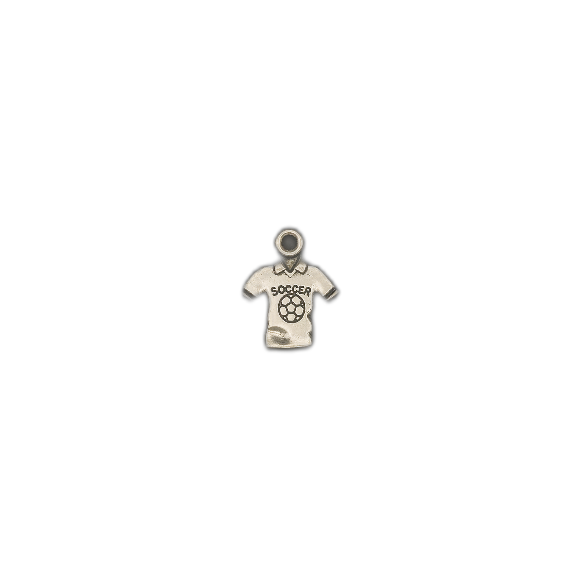 small silver-tone soccer jersey charm centered on a black background