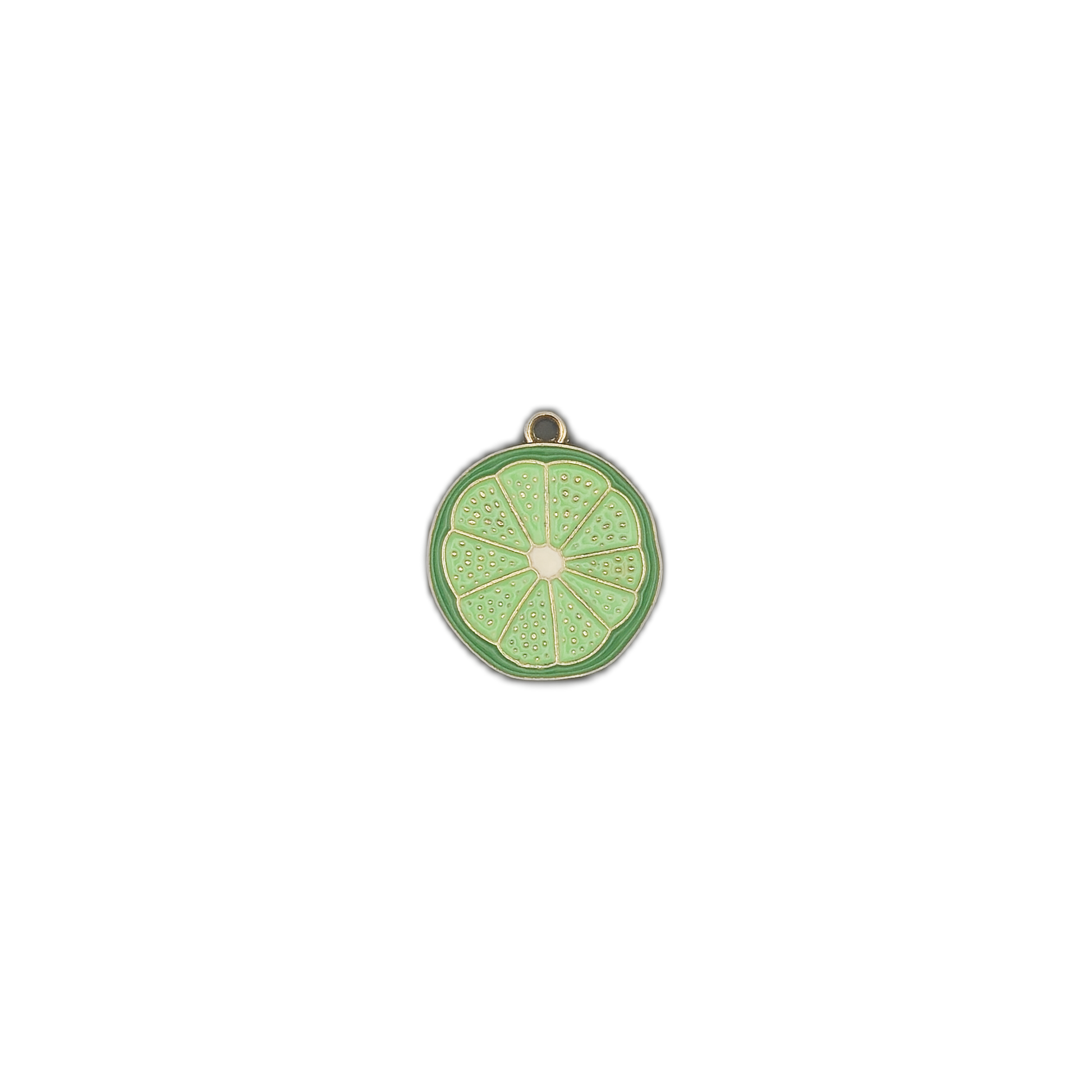 small lime slice enamel charm centered on black background