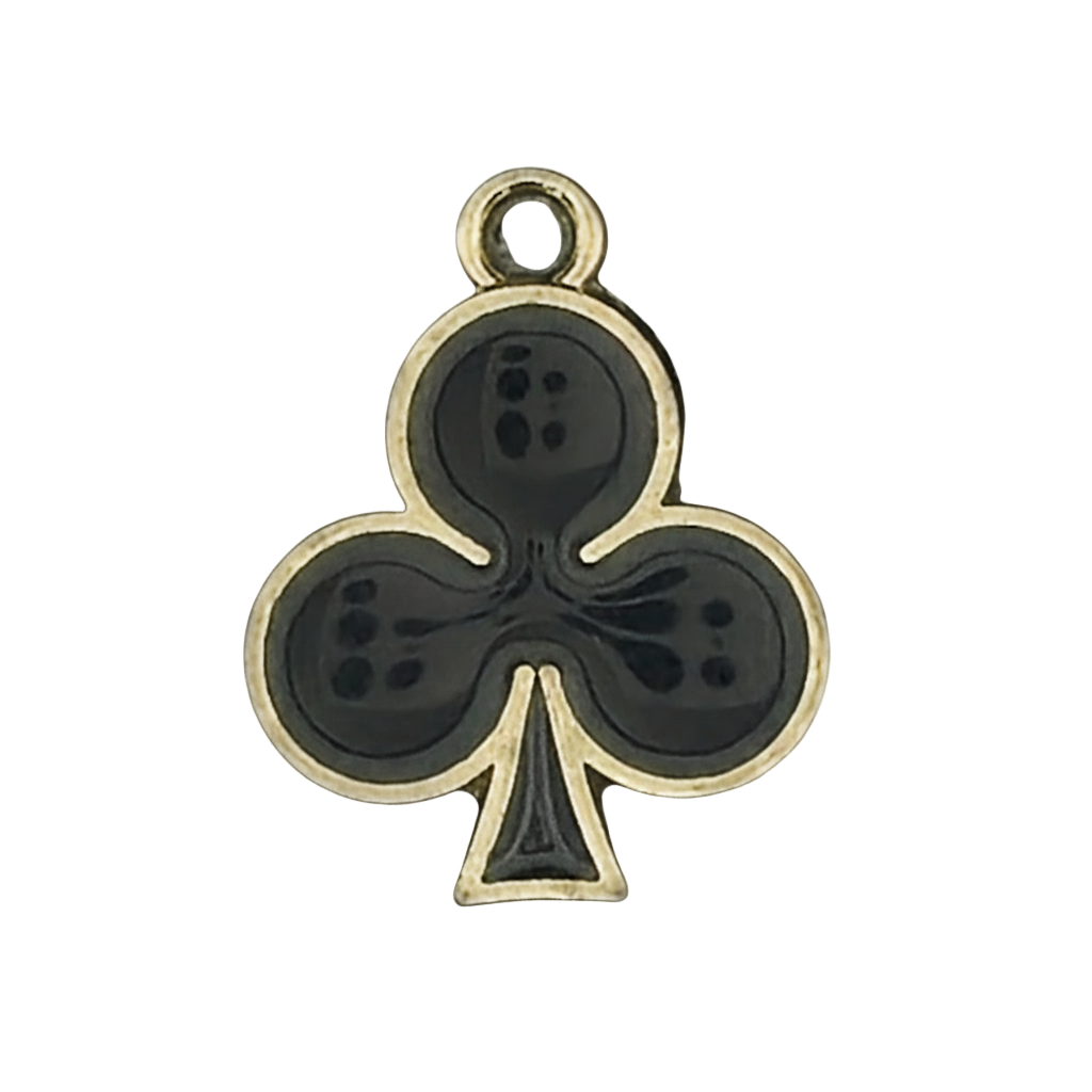 close-up of black club suit charm with gold border on a black background