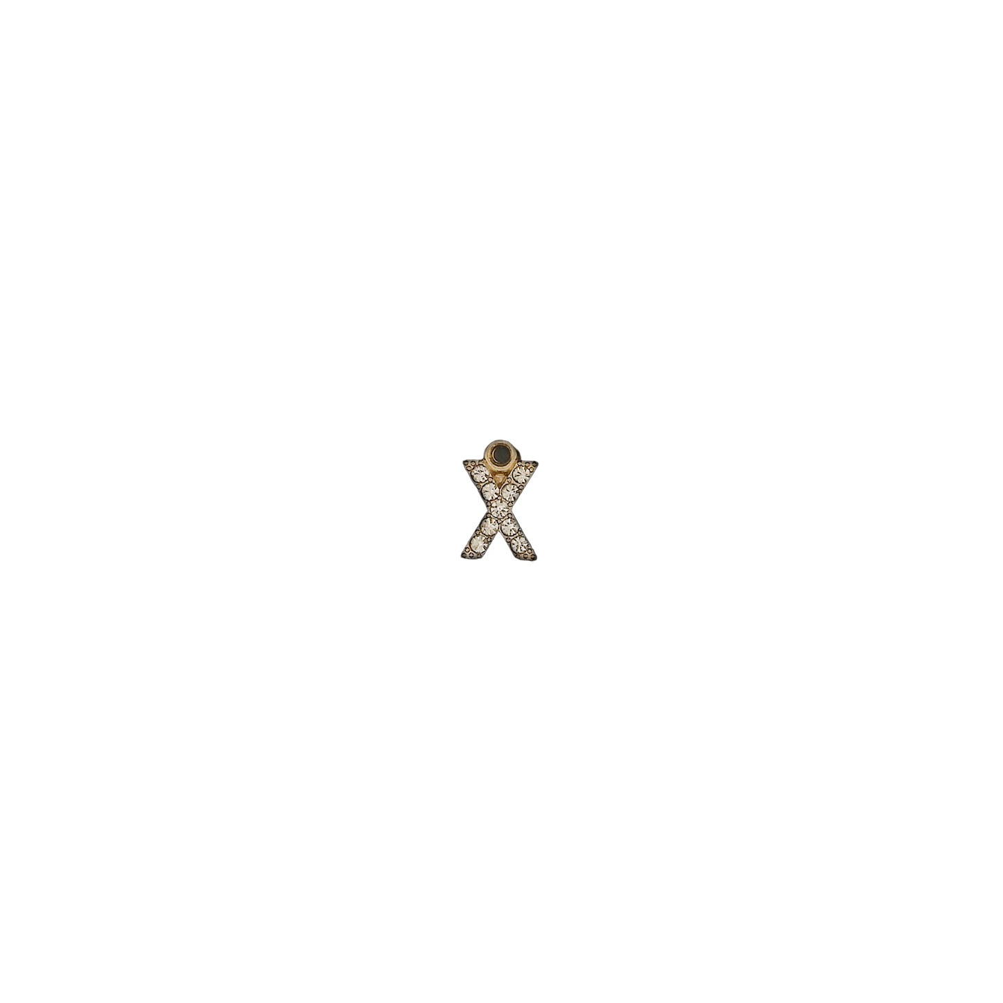 small gold-tone crystal letter X charm centered on black background