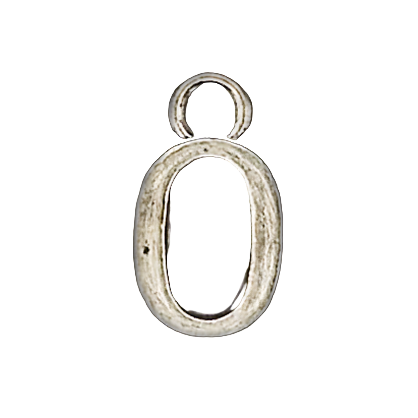 close-up of small silver-tone letter O charm on black background