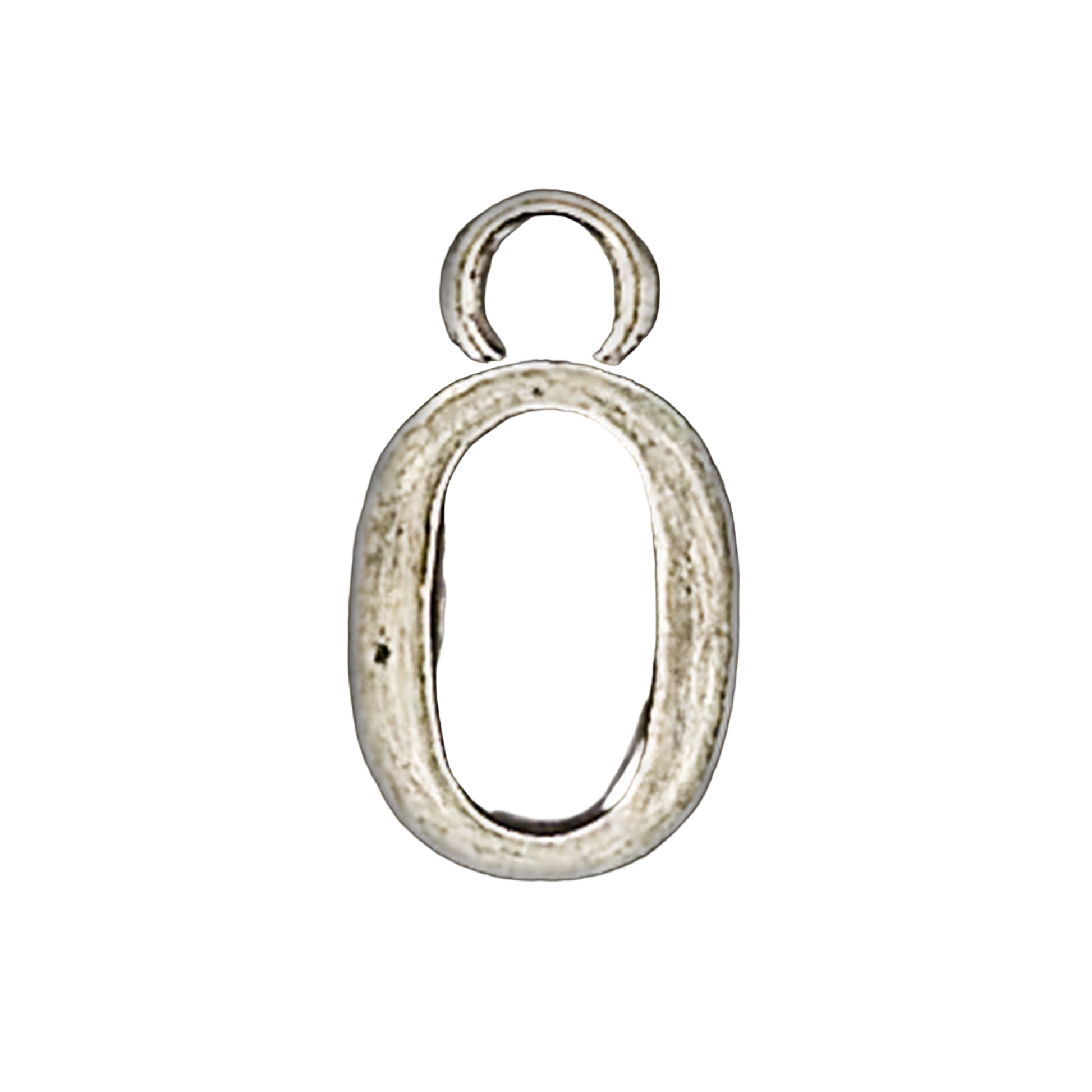close-up of small silver-tone letter O charm on black background