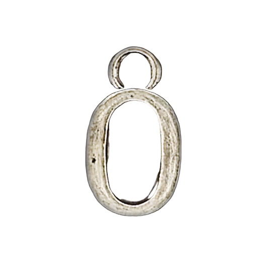 close-up of small silver-tone letter O charm on black background